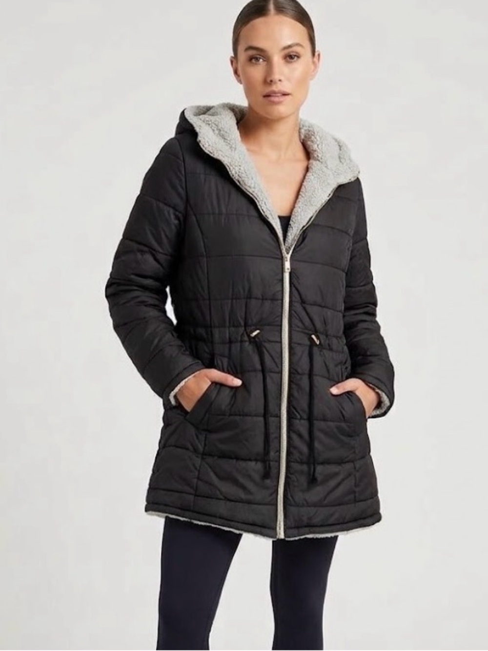 Black Puffer Jacket Fleece Sherpa Lined Hooded Warm Winter Parka Coat Size Mediu